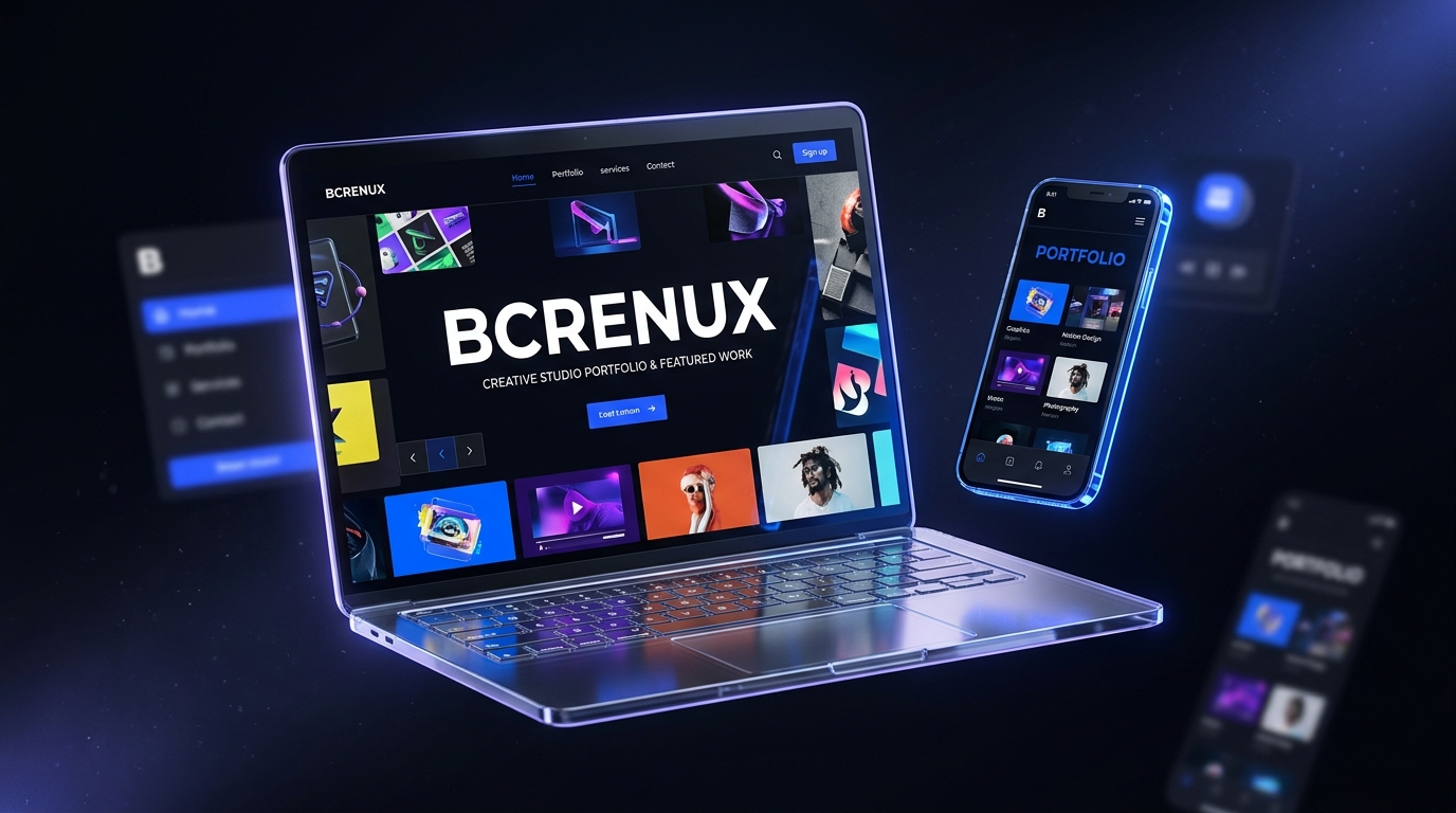 A Bcrenux portfolio site shown on a laptop and a phone