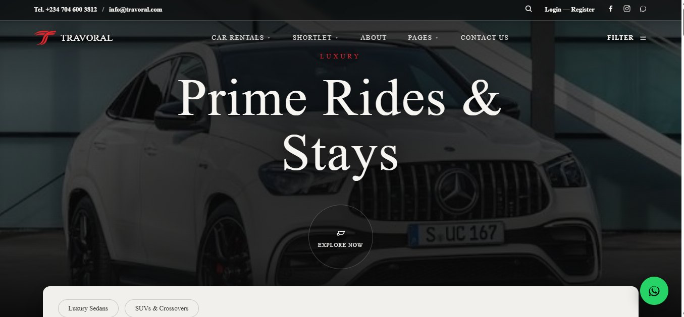 Travoral website: Prime Rides and Stays, car rentals and shortlet apartments